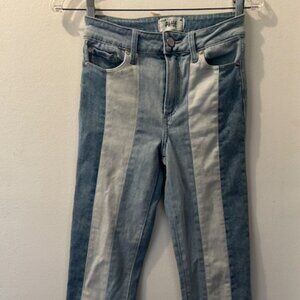 PAIGE Cindy Patchwork High Rise Stretch Two Toned Straight Leg Raw Hem Jeans